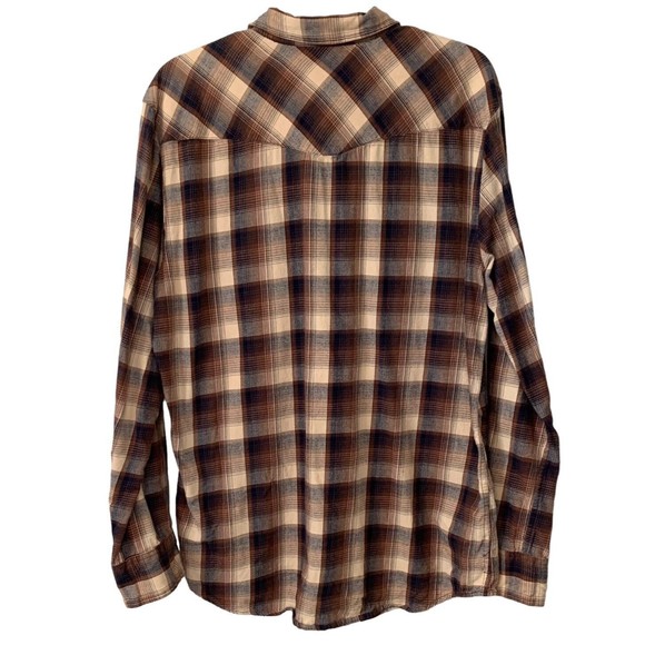 BULLHEAD Pearl Snap Mens Long Sleeve Brown Plaid Flannel Shirt - Size XL - Picture 8 of 9